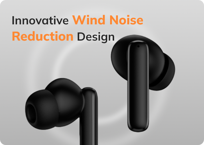 Écouteurs sans fil noirs avec un design innovant de réduction du bruit du vent pour une qualité audio claire.