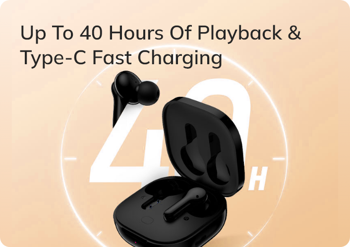 Écouteurs Bluetooth noirs avec étui de chargement, jusqu'à 40 heures de lecture et charge rapide Type-C.