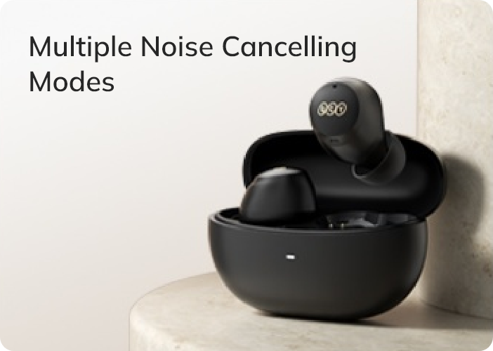 Écouteurs True Wireless noirs avec boîtier de charge et réduction de bruit.