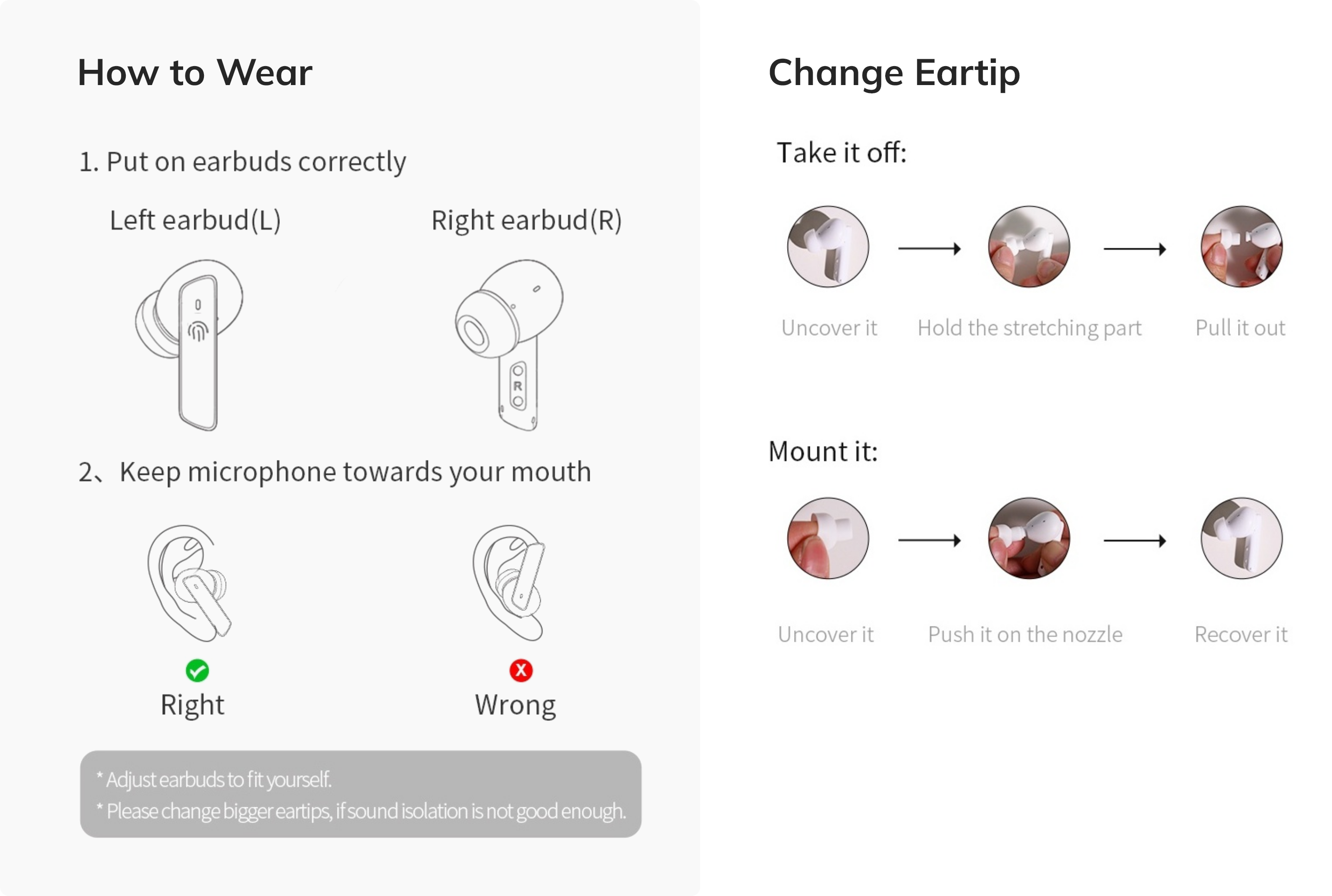 Instructions pour porter et changer les embouts d’oreille des écouteurs sans fil : position correcte et étapes de remplacement.