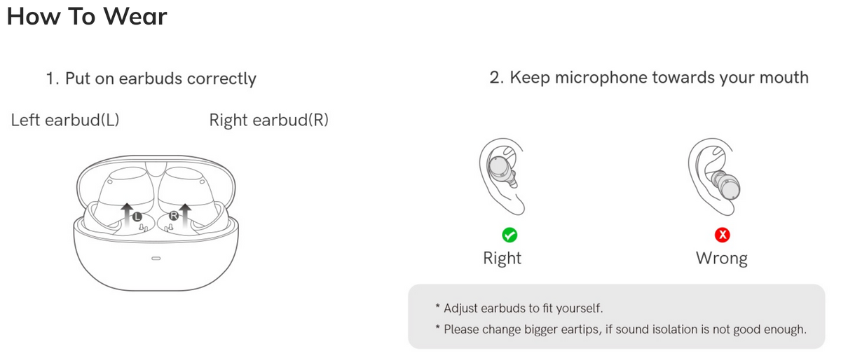 Comment porter correctement des écouteurs sans fil – avec microphone positionné près de la bouche.