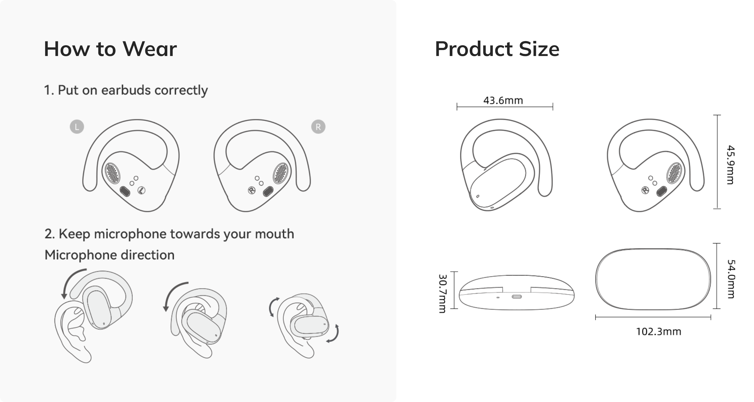 Instructions pour le port et dimensions du produit des écouteurs sans fil avec orientation du microphone et mesures précises en mm.