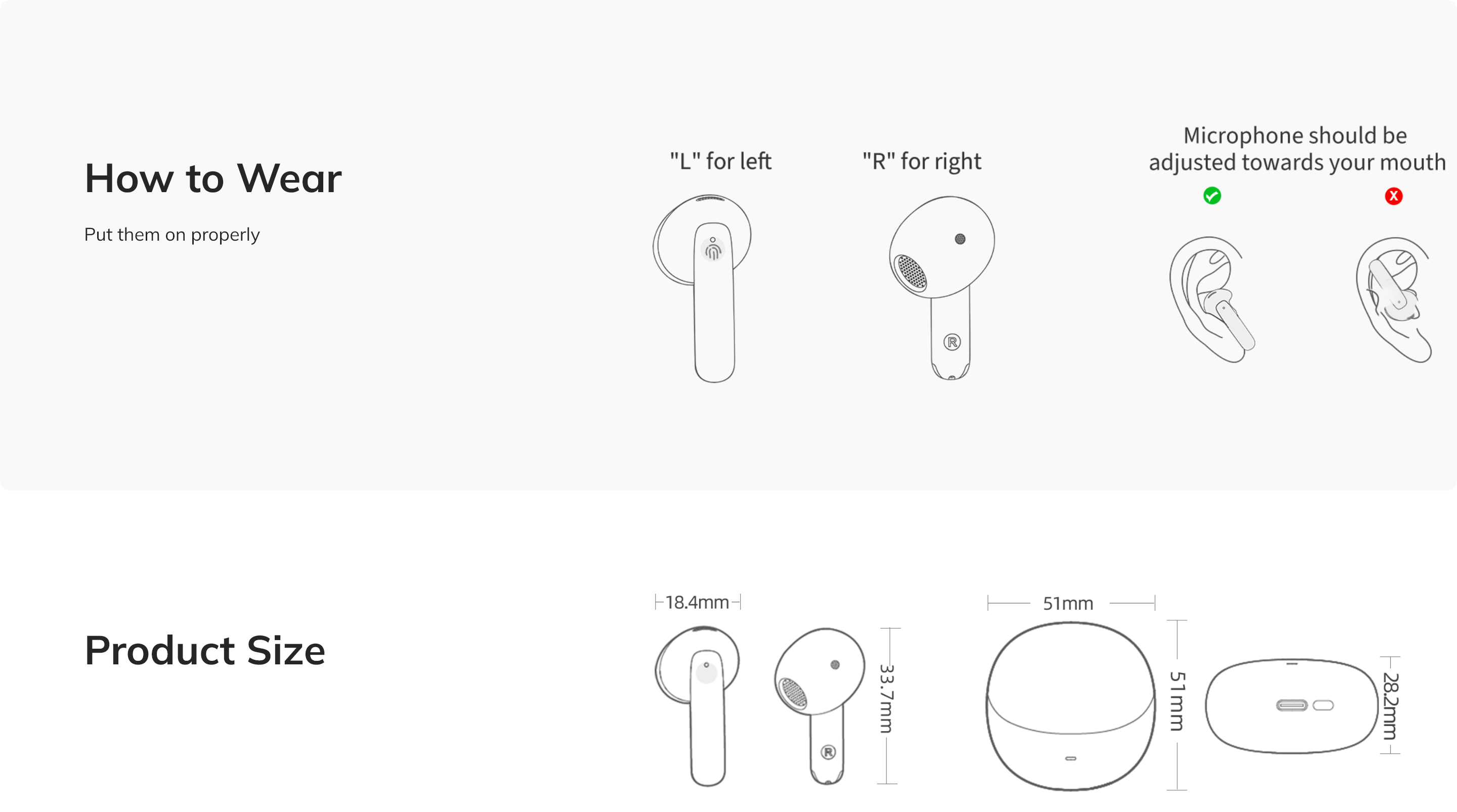 Instructions pour le port et la taille du produit des écouteurs sans fil avec position du microphone et dimensions.