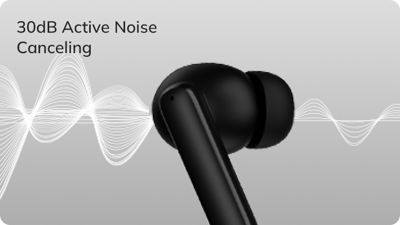 Écouteurs intra-auriculaires noirs avec réduction active du bruit de 30 dB, représentés par un graphique d'ondes sonores sur fond gris.