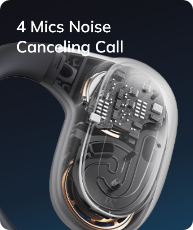 Représentation transparente d’un écouteur avec 4 microphones pour des appels à réduction de bruit.
