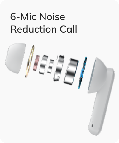 Écouteurs sans fil blancs avec suppression de bruit à 6 microphones pour des appels clairs.
