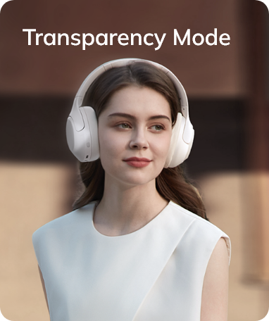 Femme avec des écouteurs blancs en mode transparence