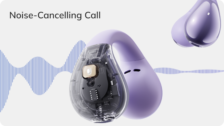 Écouteurs à réduction de bruit violets avec technologie visible et graphique d'ondes sonores pour des appels clairs.