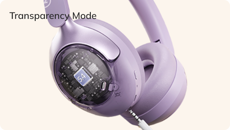 Casque violet avec mode transparence et intérieur visible.