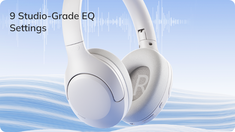 Casque blanc Over-Ear avec 9 réglages EQ de qualité studio, idéal pour profiter de la musique.