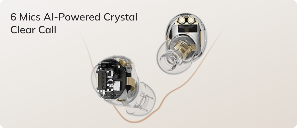 Écouteurs intra-auriculaires transparents avec 6 microphones IA pour des appels d'une clarté cristalline, vue intérieure de la technologie.