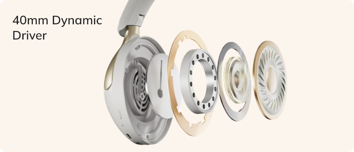Transducteur dynamique de 40 mm dans un casque circum-auriculaire, vue intérieure détaillée