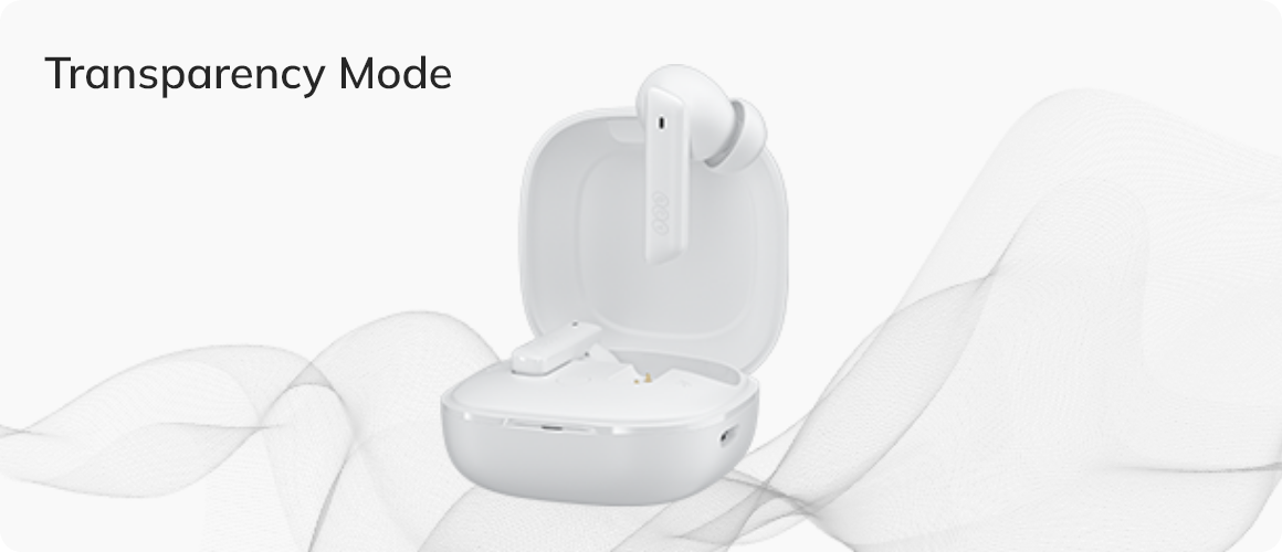 Écouteurs True Wireless blancs dans un boîtier de chargement avec mode Transparence.