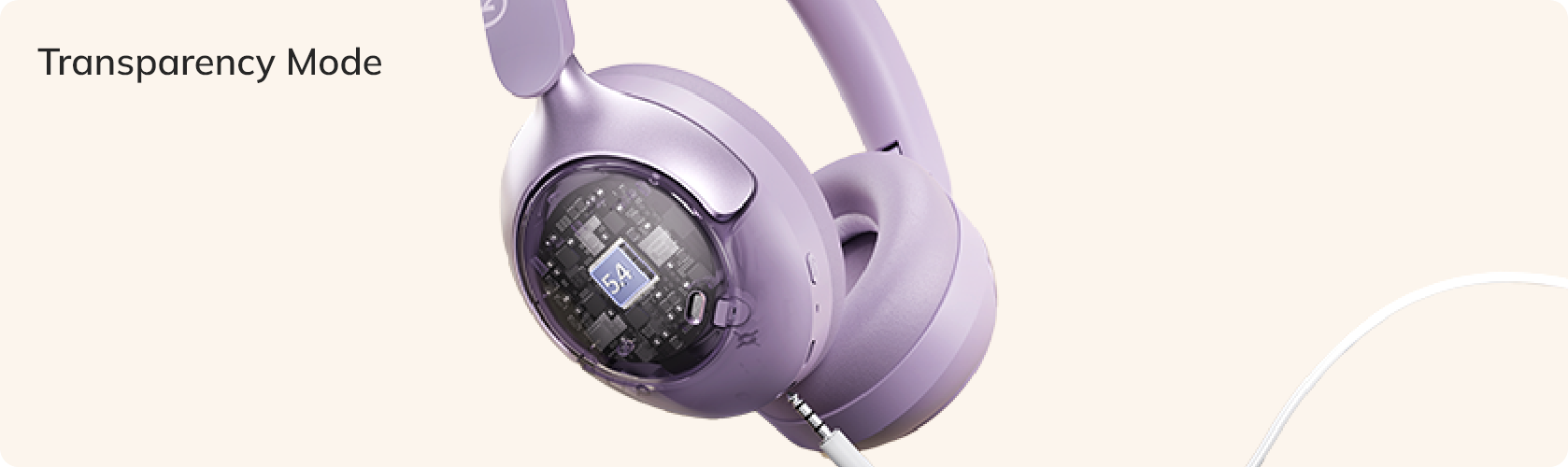 Casque circum-aural Lila avec mode transparence et intérieur visible, connexion par câble.