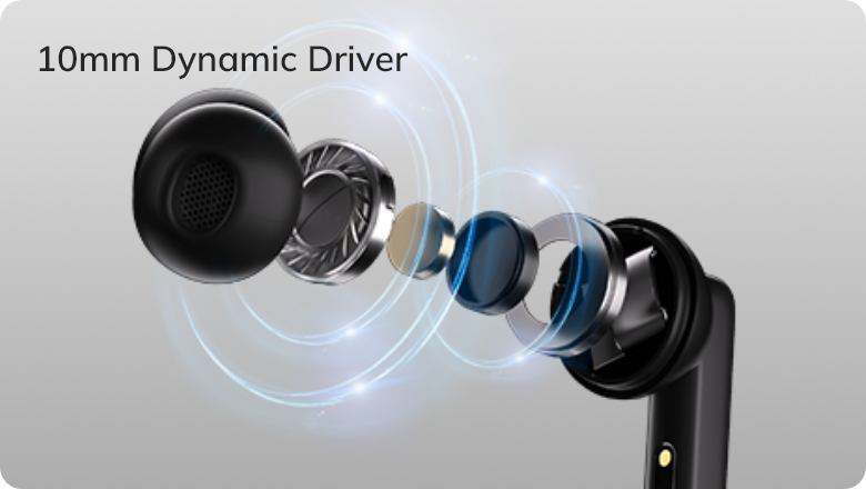 Dessin éclaté d'un haut-parleur dynamique de 10 mm dans un écouteur intra-auriculaire sans fil avec représentation des ondes sonores.