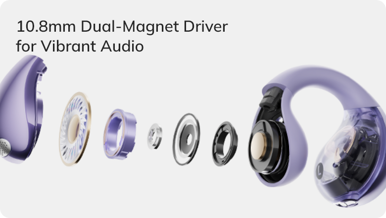 Dessin éclaté d’un double moteur magnétique de 10,8 mm pour un son audio vivant dans des écouteurs violets.