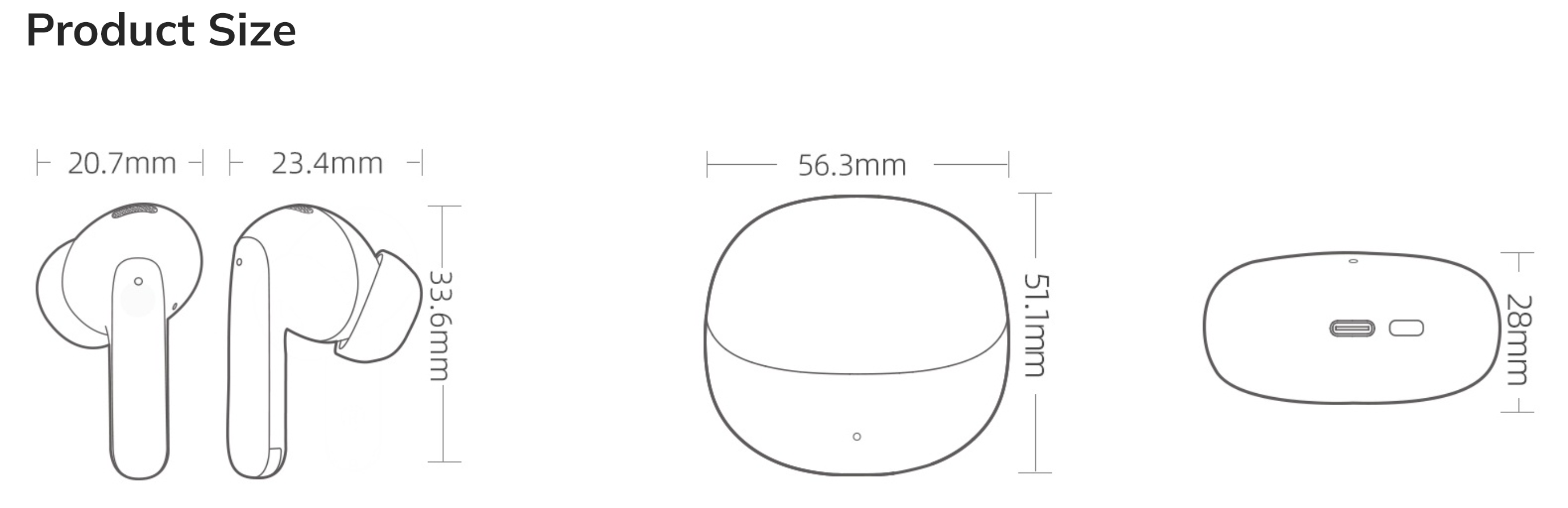 Dessin technique des écouteurs sans fil et de l’étui de chargement avec dimensions en millimètres.