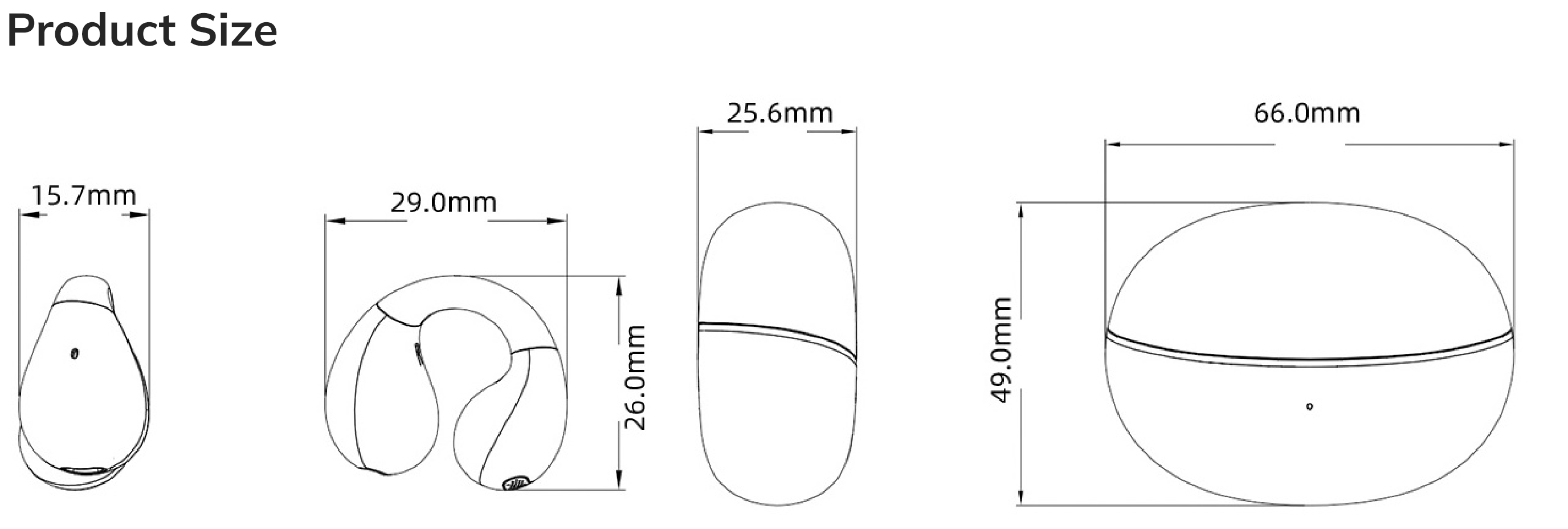 Dimensions du produit : Écouteurs intra-auriculaires 15,7 x 29,0 mm, boîtier de chargement 25,6 x 49,0 mm, diamètre total 66,0 mm
