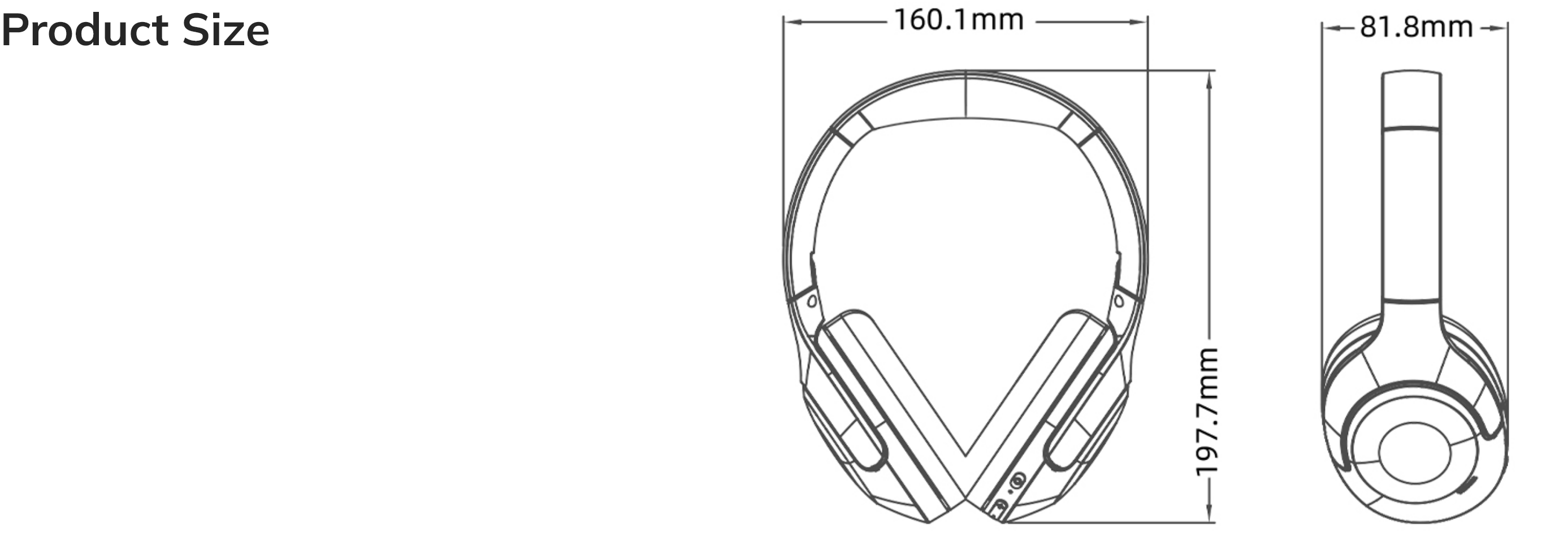 Dessin technique : dimensions d’un casque circum-auriculaire en vue de face et de côté avec largeurs et hauteurs en millimètres