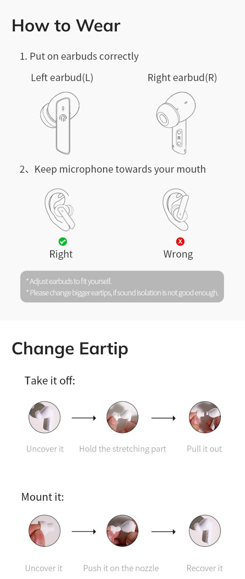 Instructions pour porter et changer les embouts d'oreille des écouteurs sans fil.
