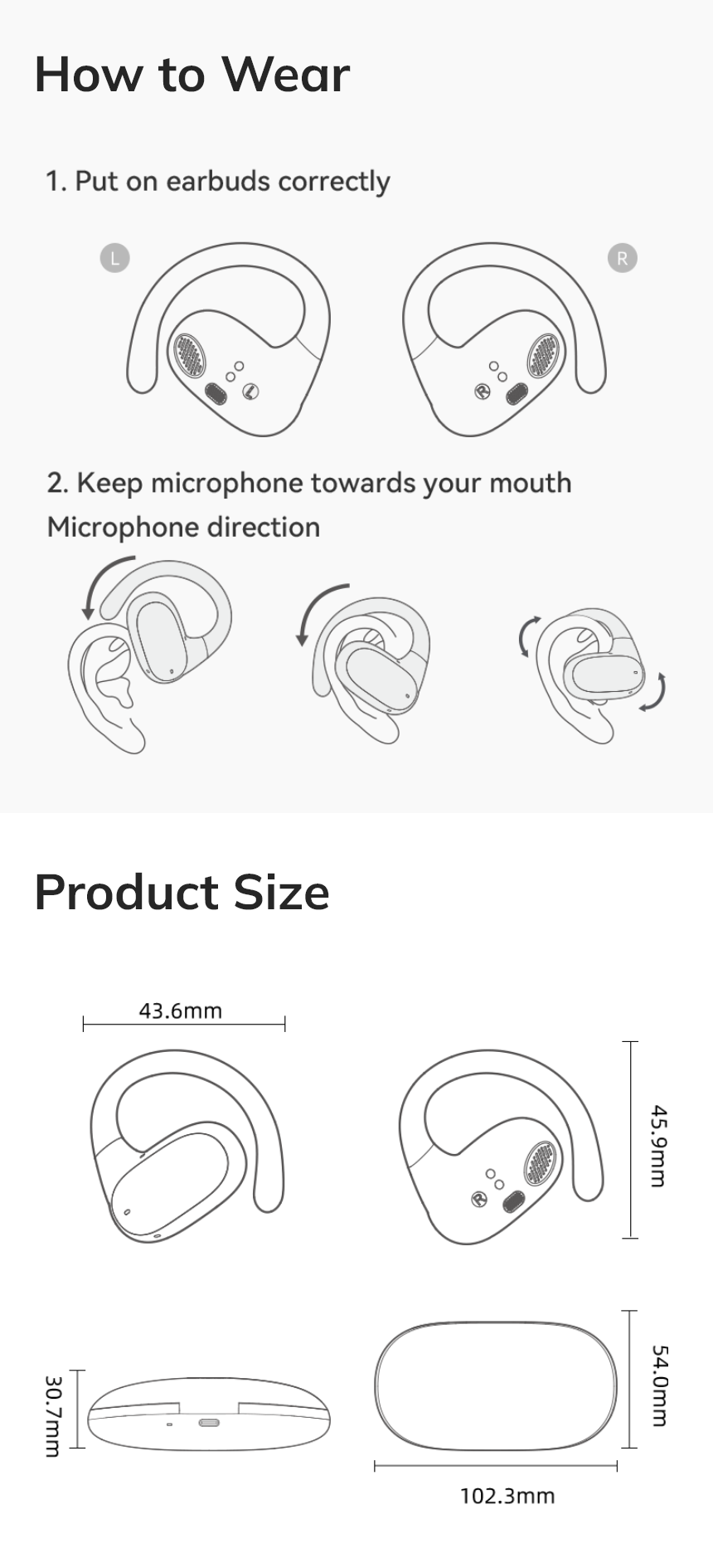 Instructions pour porter des écouteurs : position correcte et orientation du microphone, dimensions du produit en comparaison