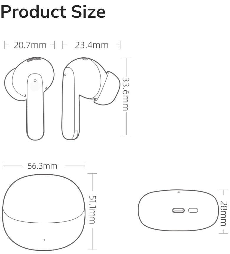 Dessin technique des écouteurs sans fil et du boîtier de chargement avec dimensions en mm.