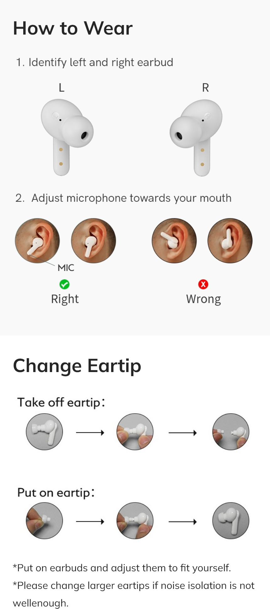 Comment porter les écouteurs : reconnaître gauche/droite, orienter le microphone vers la bouche, changer l'embout auriculaire.