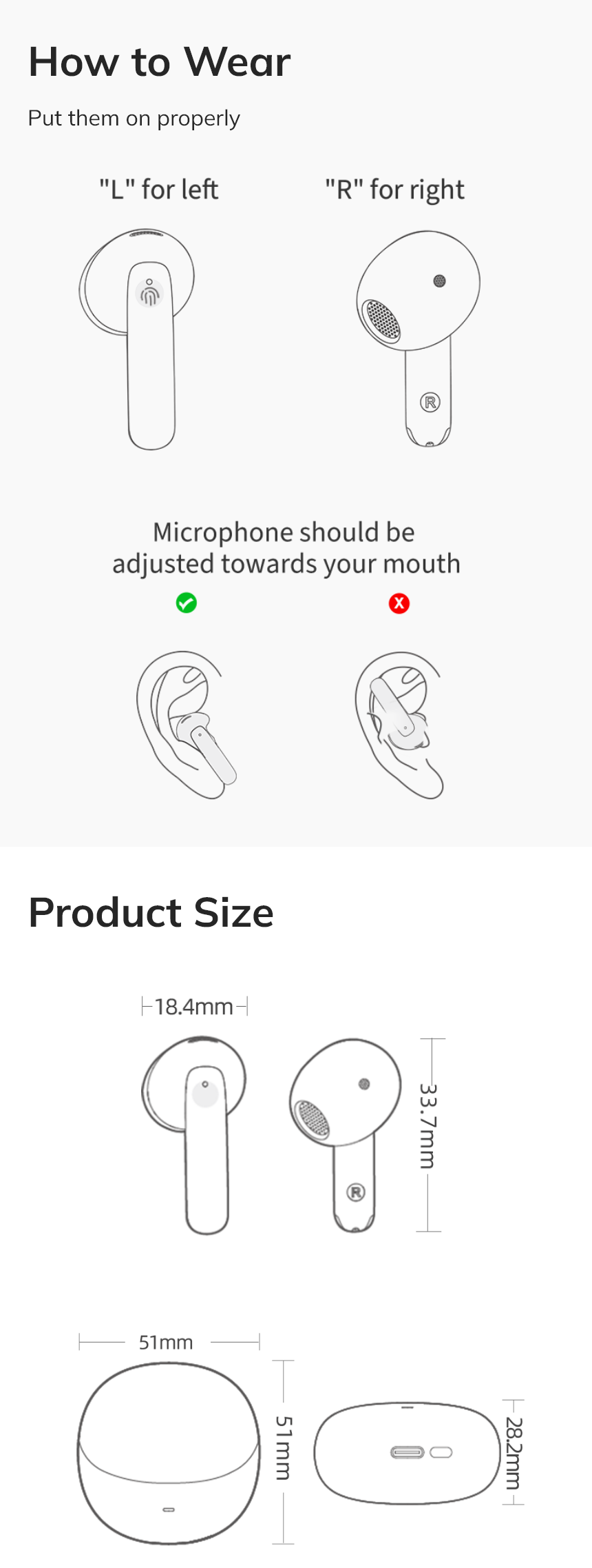Comment porter correctement des écouteurs Bluetooth – Guide avec mesures pour les écouteurs et le boîtier de chargement.