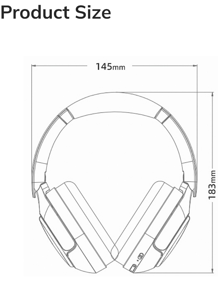 Casque circum-aural de 145 mm de largeur et 183 mm de hauteur.