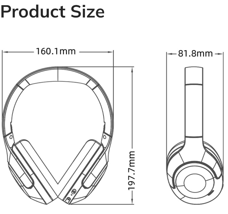 Dessin technique des dimensions du produit : Casque circum-aural avec une largeur de 160,1 mm, une hauteur de 197,7 mm et un diamètre de coquille d'oreille de 81,8 mm
