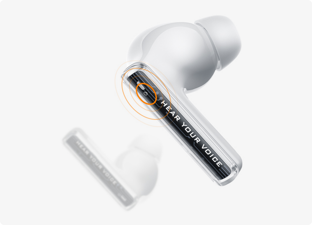 Écouteurs sans fil blancs avec microphone et inscription « HEAR YOUR VOICE ».