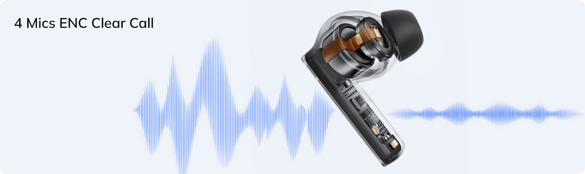 Écouteurs intra-auriculaires avec 4 microphones pour des appels clairs et une réduction du bruit.