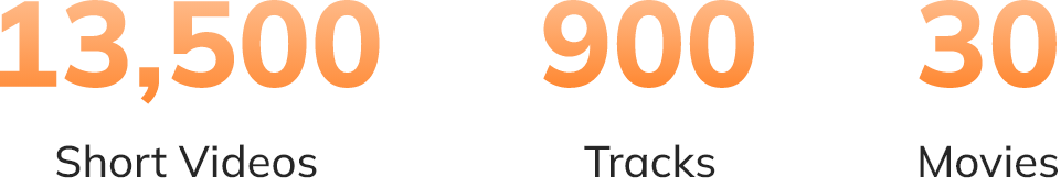 Statistiques : 13 500 courtes vidéos, 900 pistes et 30 films – aperçu des contenus médias en chiffres orange.