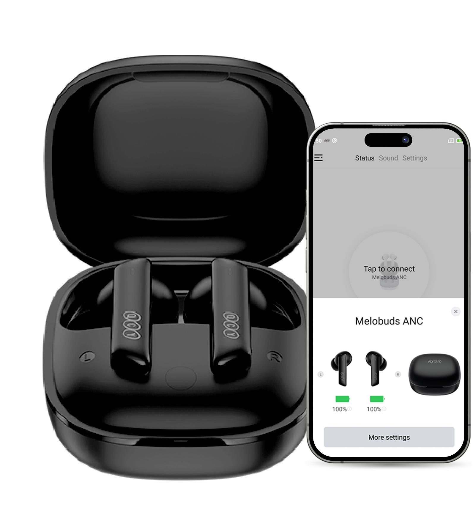 Écouteurs intra-auriculaires Melobuds ANC noirs avec étui de chargement et application smartphone pour connexion et réglages.
