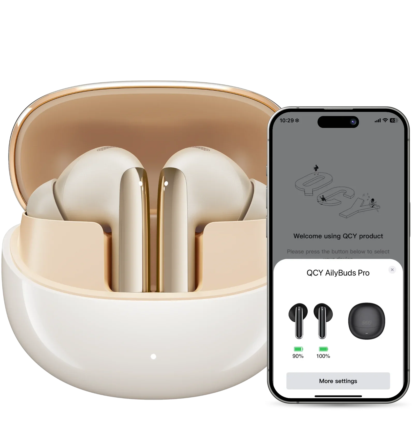 Écouteurs QCY AilyBuds Pro dans un étui de chargement blanc avec des accents dorés.