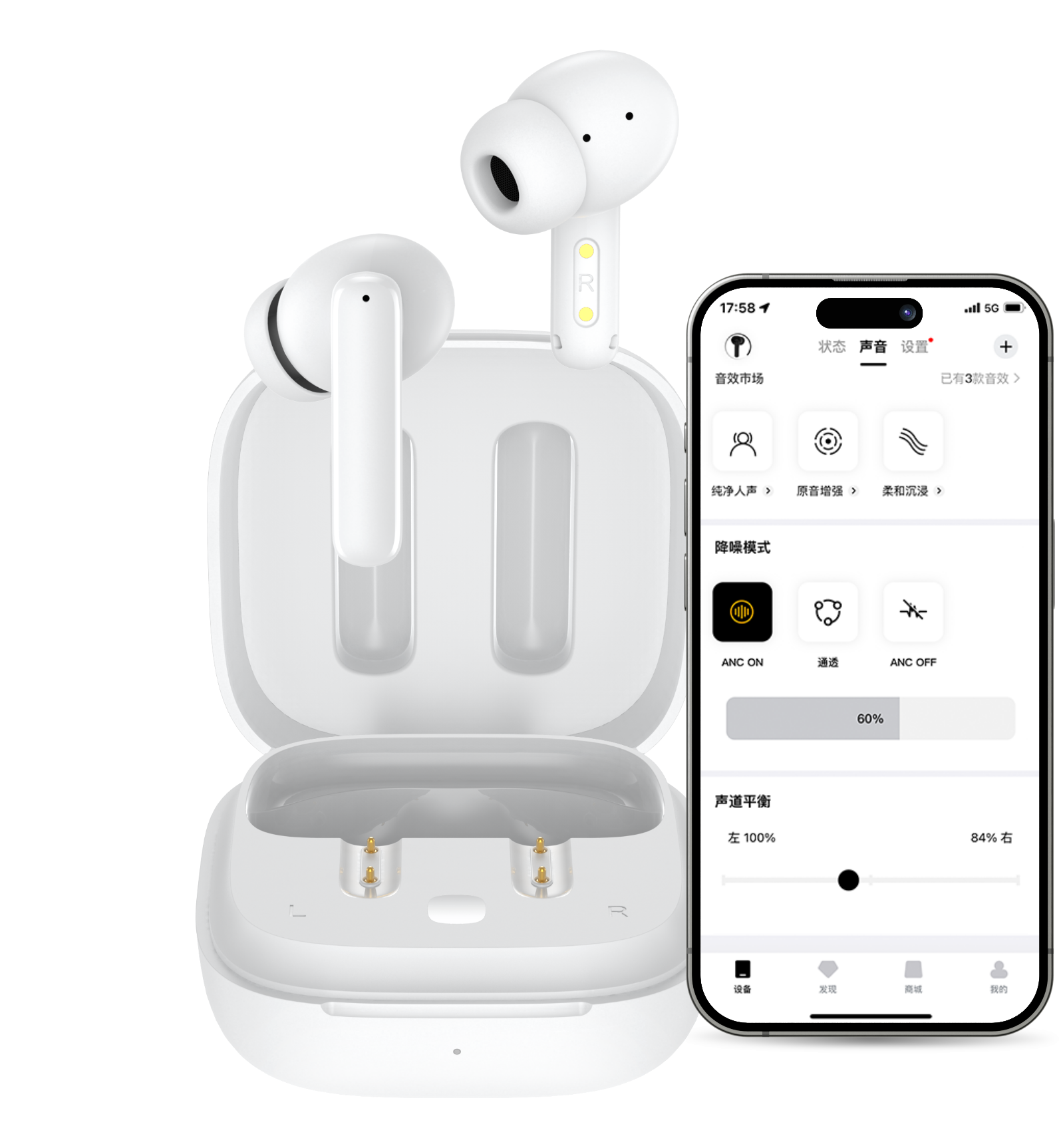 Écouteurs True Wireless blancs avec boîtier de chargement et application smartphone pour réglages.