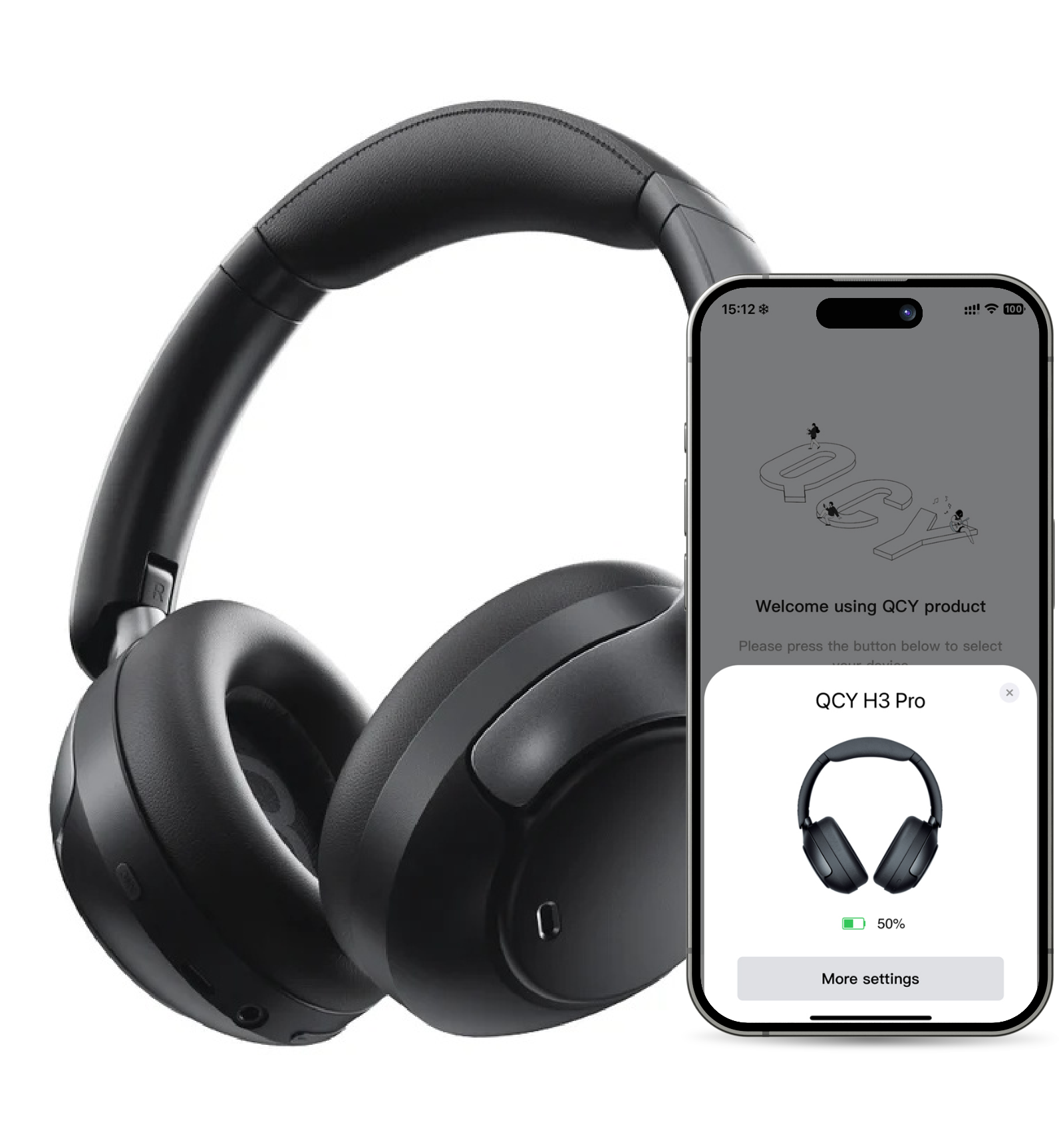 Casque QCY H3 Pro noir avec application smartphone pour le contrôle.