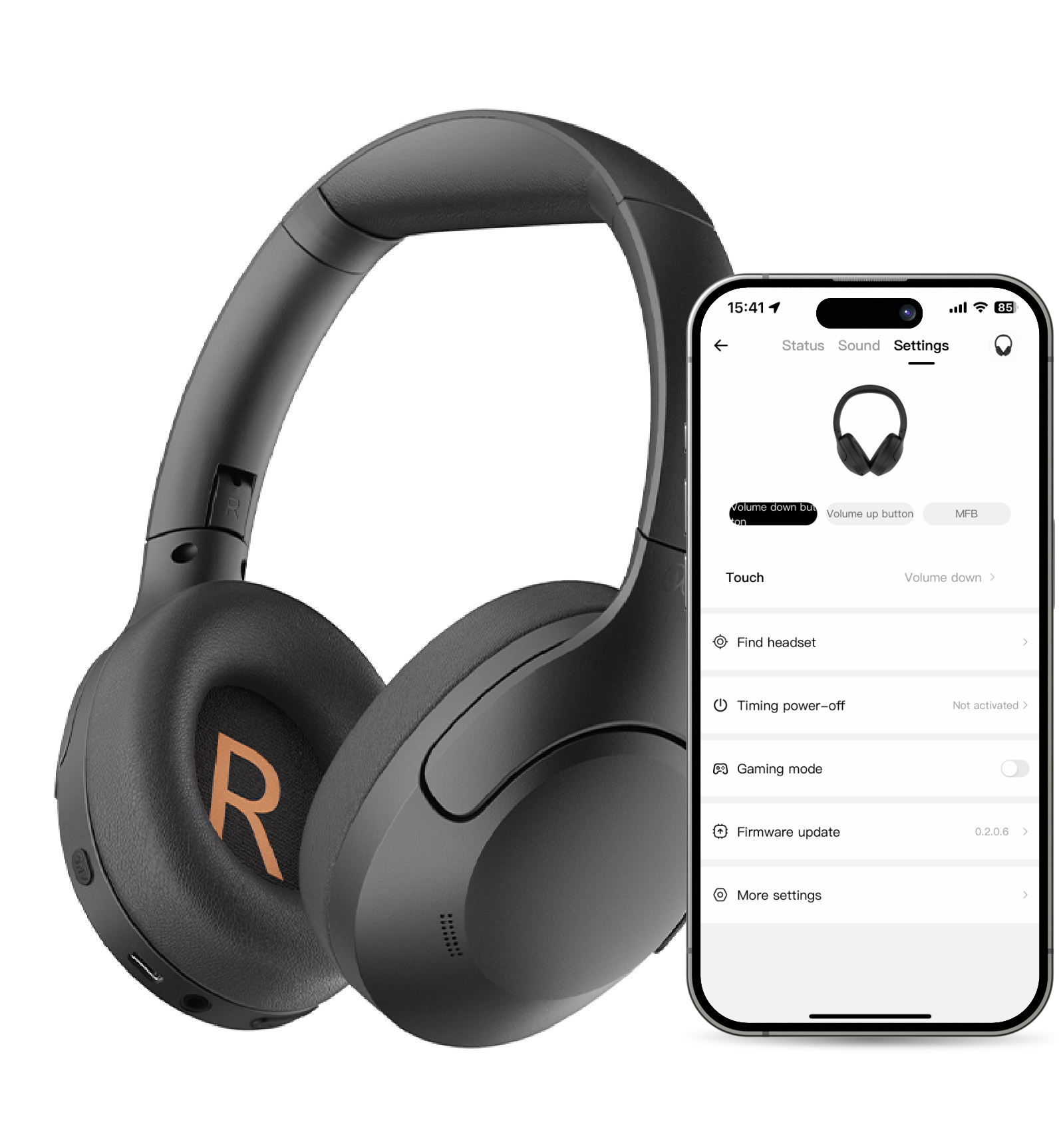 Casque noir circum-aural avec contrôle par application, commande tactile et mode gaming – idéal pour la musique et les appels.