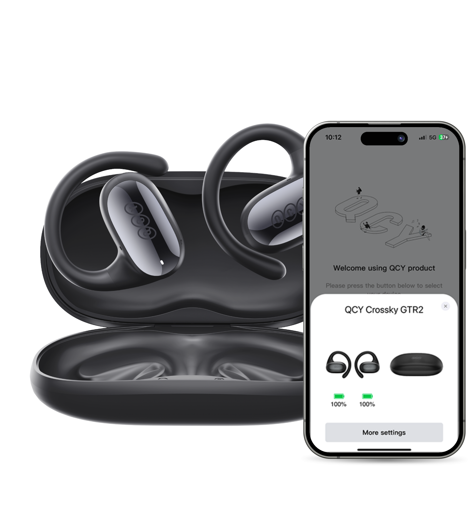 Écouteurs QCY Crossky GTR2 avec boîtier de charge, contrôle par application et affichage de batterie à 100 %.