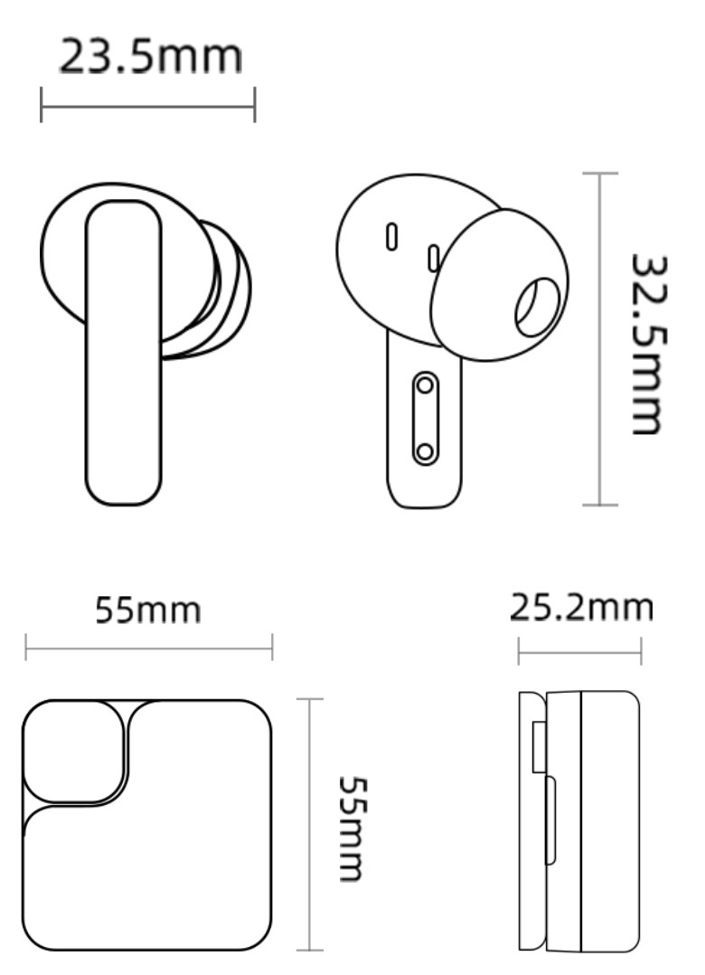 Dimensions des écouteurs intra-auriculaires sans fil et du boîtier de chargement : 23,5 mm de largeur, 32,5 mm de hauteur, boîtier 55x55x25,2 mm.