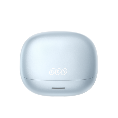 MeloBuds N65 écouteurs sans fil bleu clair élégant avec logo, boîtier de charge compact pour les déplacements.
