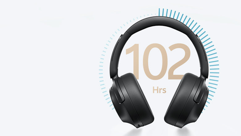 Casque circum-auriculaire noir avec une autonomie de batterie de 102 heures.
