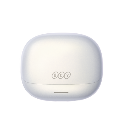 QCY MeloBuds N65 – écouteurs Bluetooth blancs élégants avec boîtier de charge et design moderne.