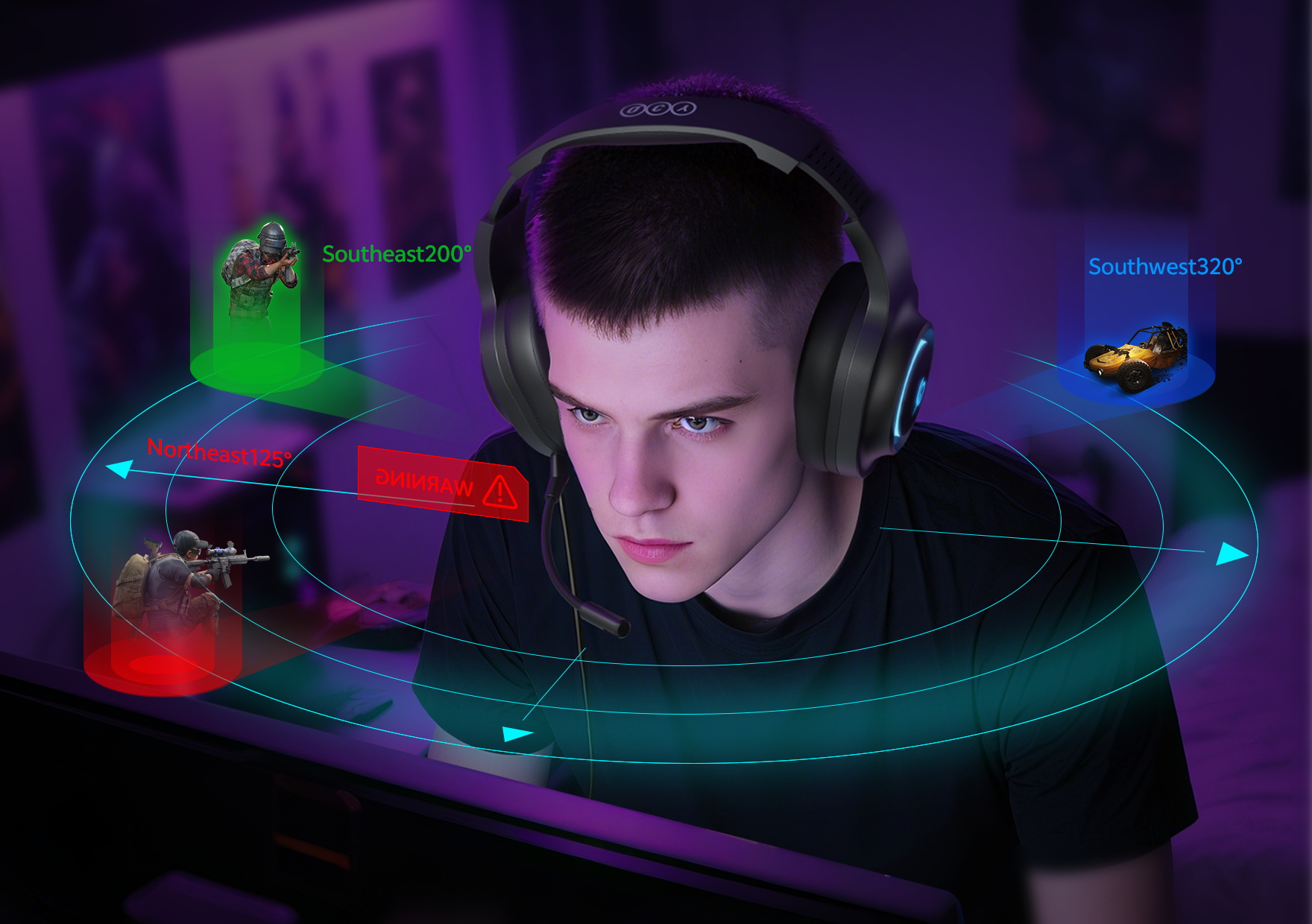 Joueur avec casque OCA Gaming, visualisation sonore à 360° pour Battle Royale.