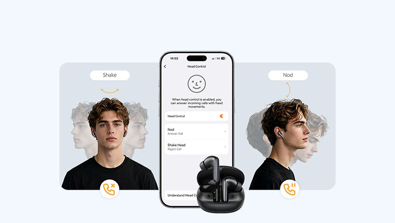 Contrôle par mouvement de tête pour écouteurs sans fil : hochez la tête pour accepter, secouez-la pour rejeter les appels via l’application smartphone.