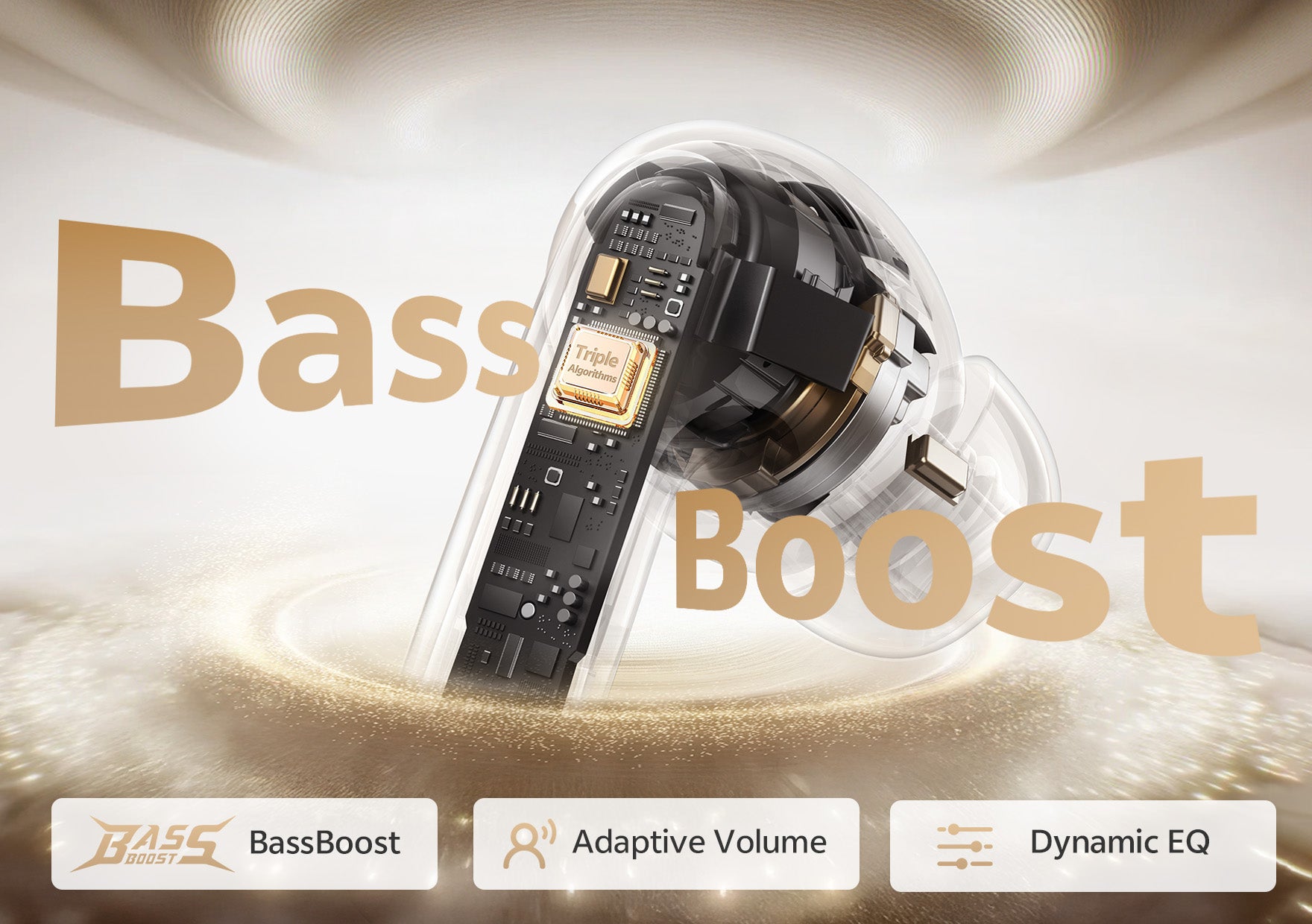 Casque Bluetooth avec amplification des basses, triple algorithmes, volume adaptatif et égaliseur dynamique.