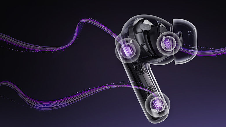 Écouteurs transparents avec effet lumineux violet – design moderne pour un son de haute qualité.