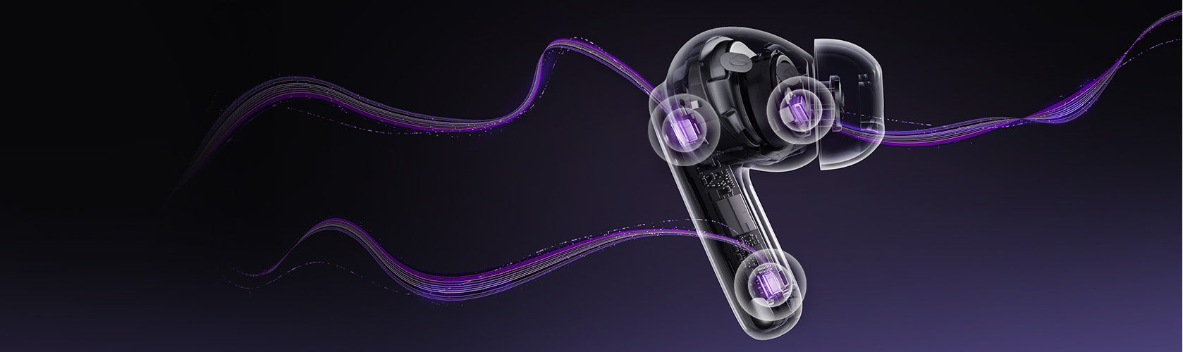 Écouteurs intra-auriculaires transparents avec effets lumineux violets et flux de données fluides.