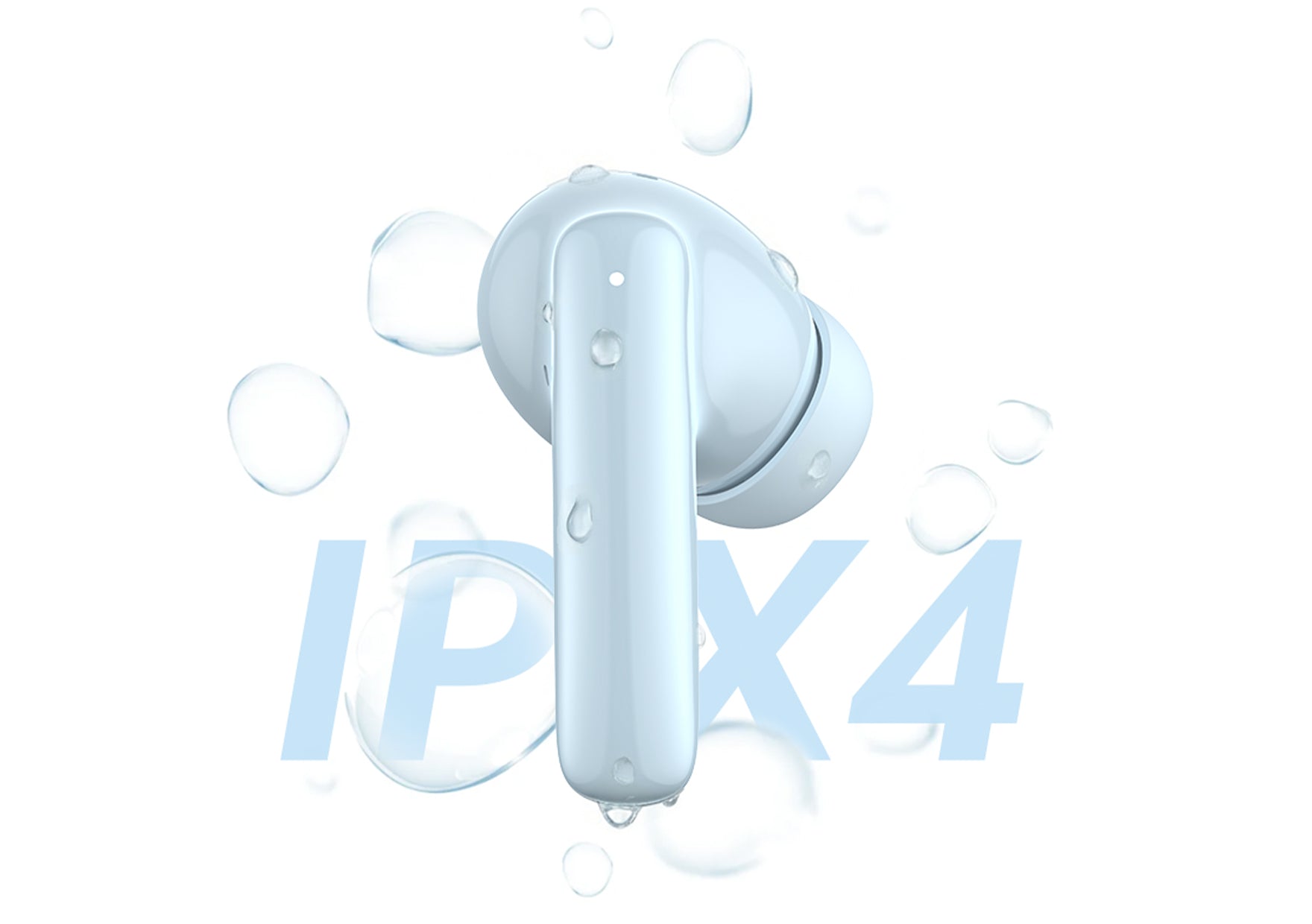 Écouteurs Bluetooth résistants à l'eau avec protection IPX4, entourés de gouttes d'eau sur fond blanc.