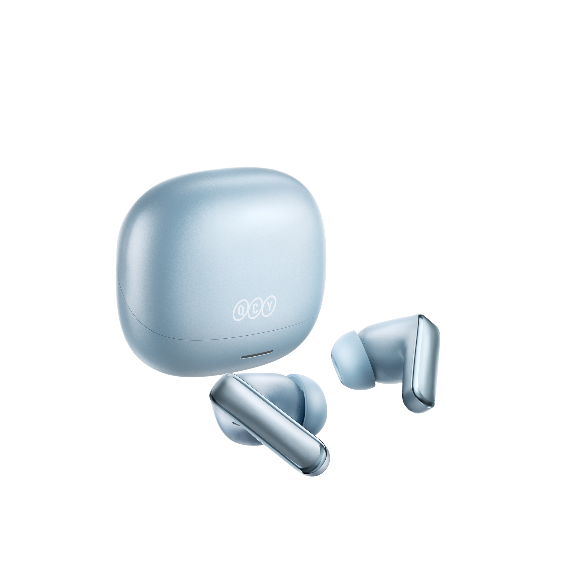 MeloBuds N65 – écouteurs Bluetooth élégants bleu clair avec boîtier de charge.